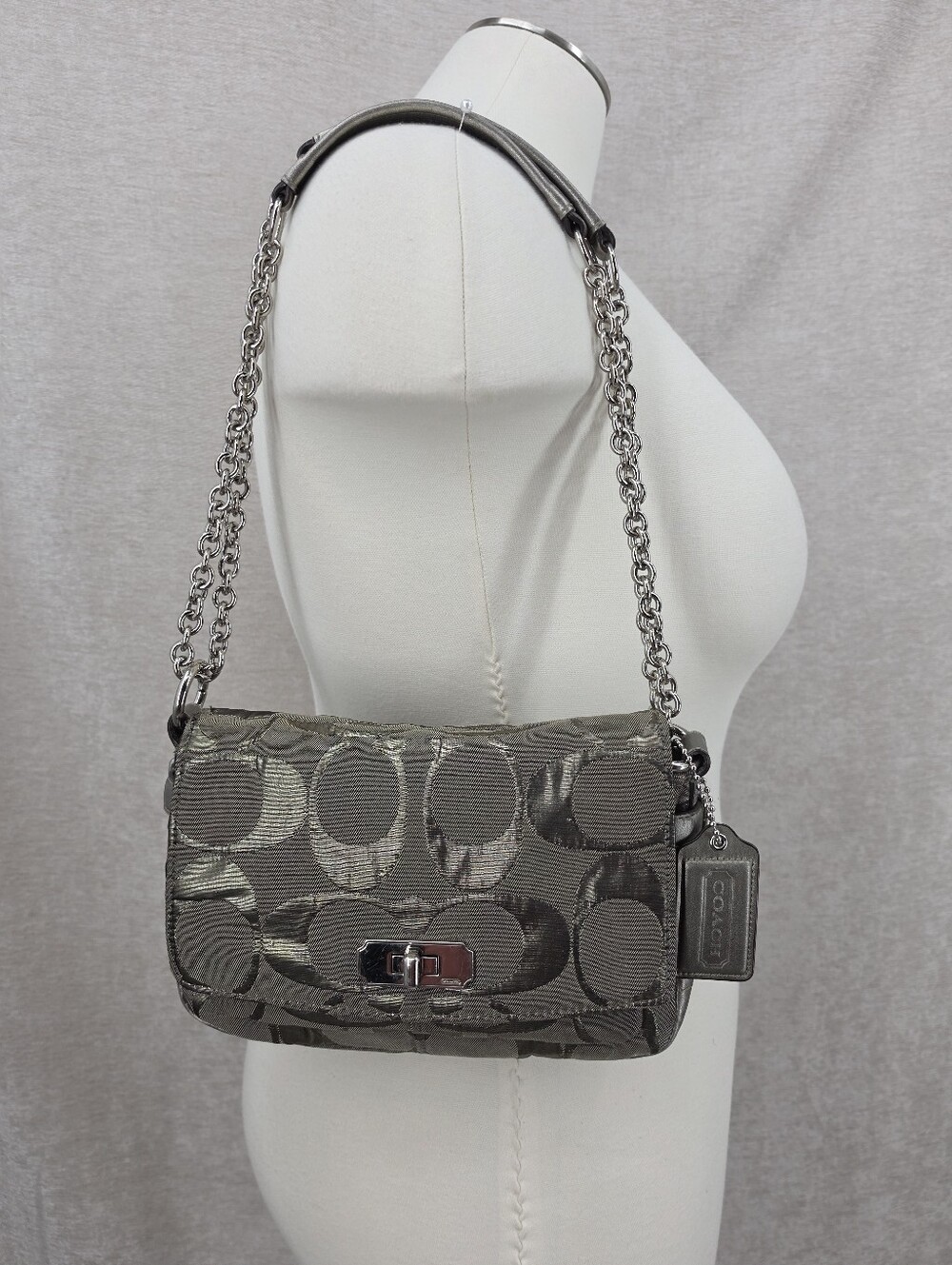 Coach Signature Canvas Jacquard Shoulder Bag in Metallic Pewter Chain Straps - Picture 1 of 16